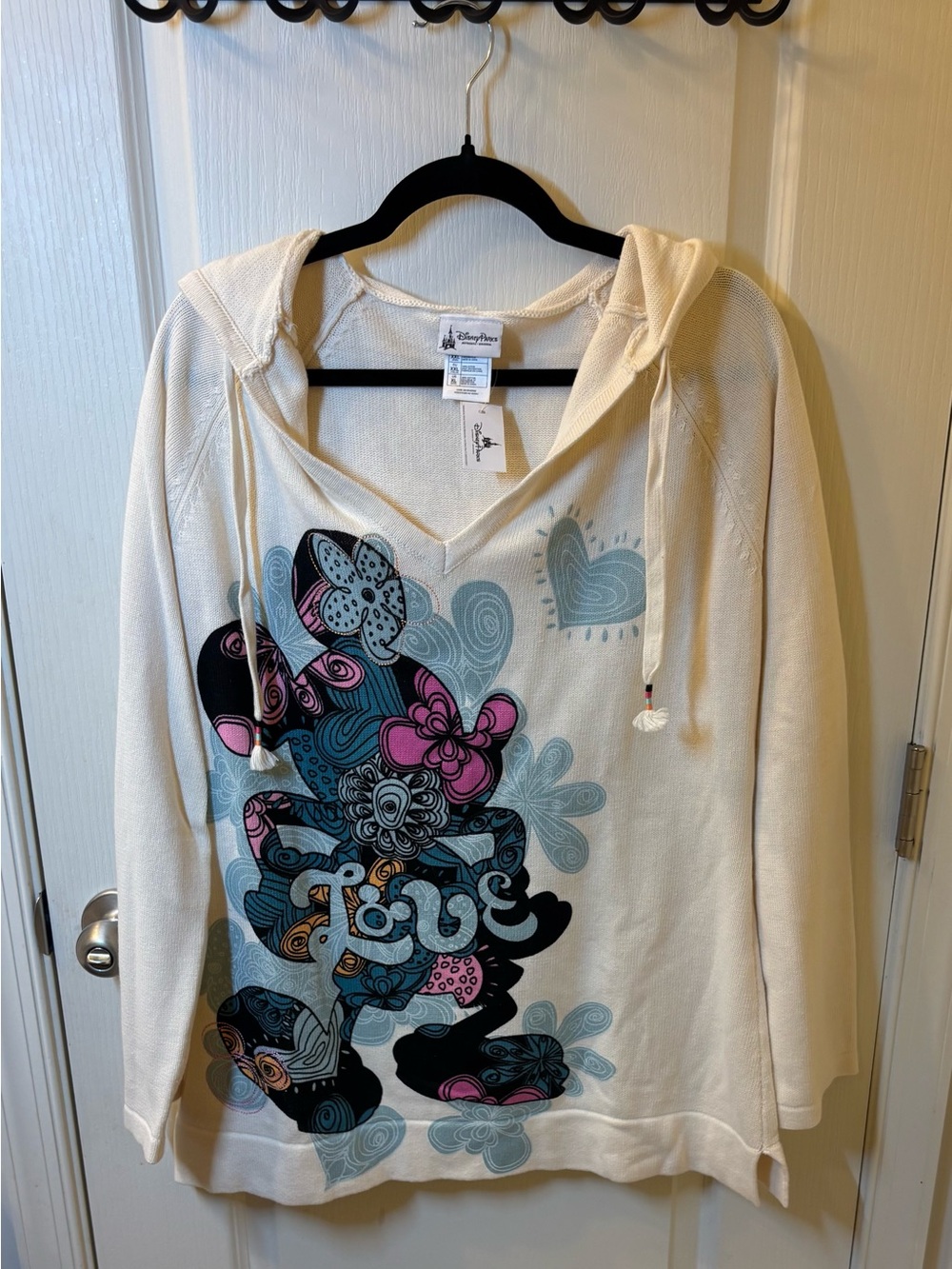 Disney Parks NWT Mickey Minnie Mouse Love Hooded Sweater Cream Knit Women's XL